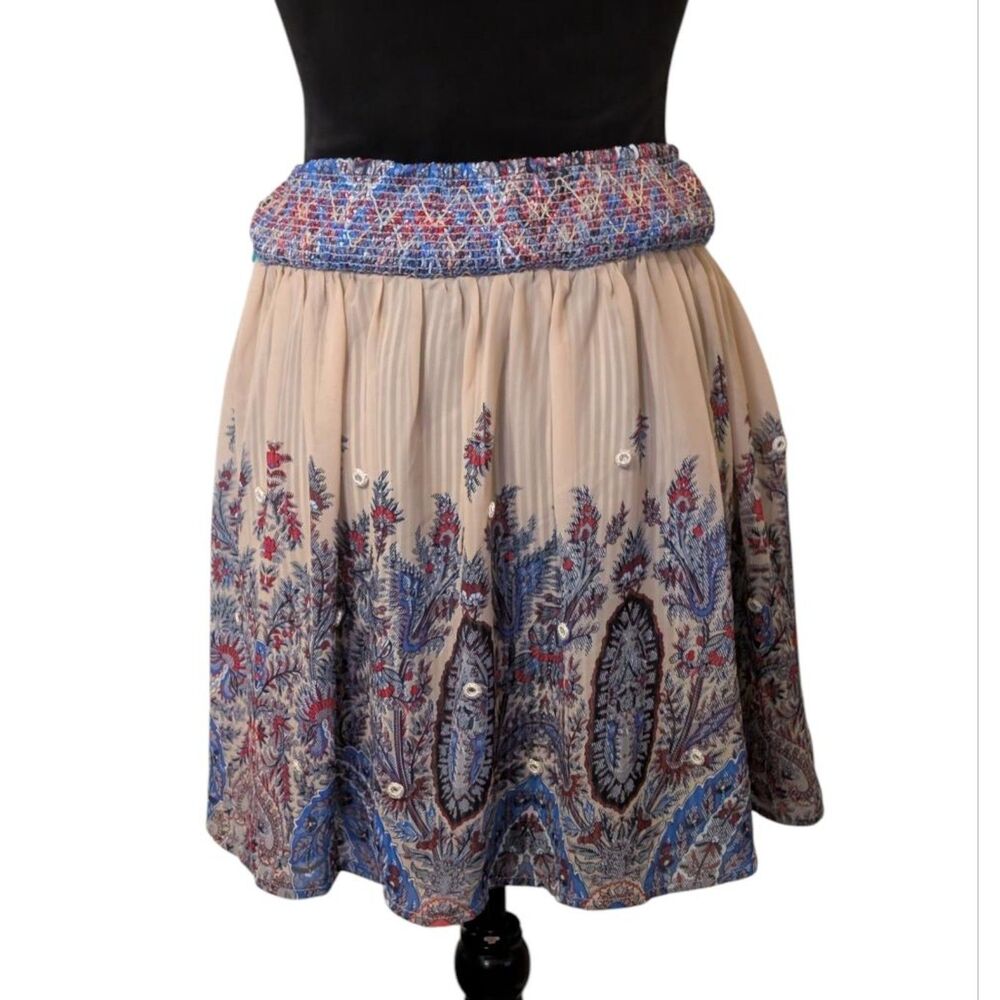 Clarté Boho Paisley Floral Pleated Mini Skirt Smocked Waist Gypsy Large L